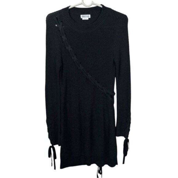 REVOLVE Lovers + Friends Black Sweater Dress Black Cotton Knit Lace Up Detail LS - Picture 2 of 7